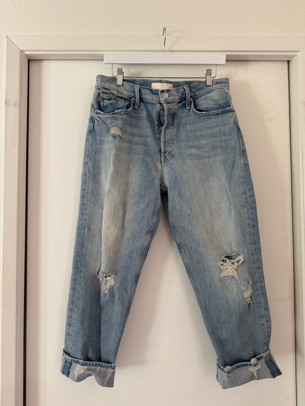 MOTHER The Tomcat Washed Light Blue Distressed Boyfriend Jeans